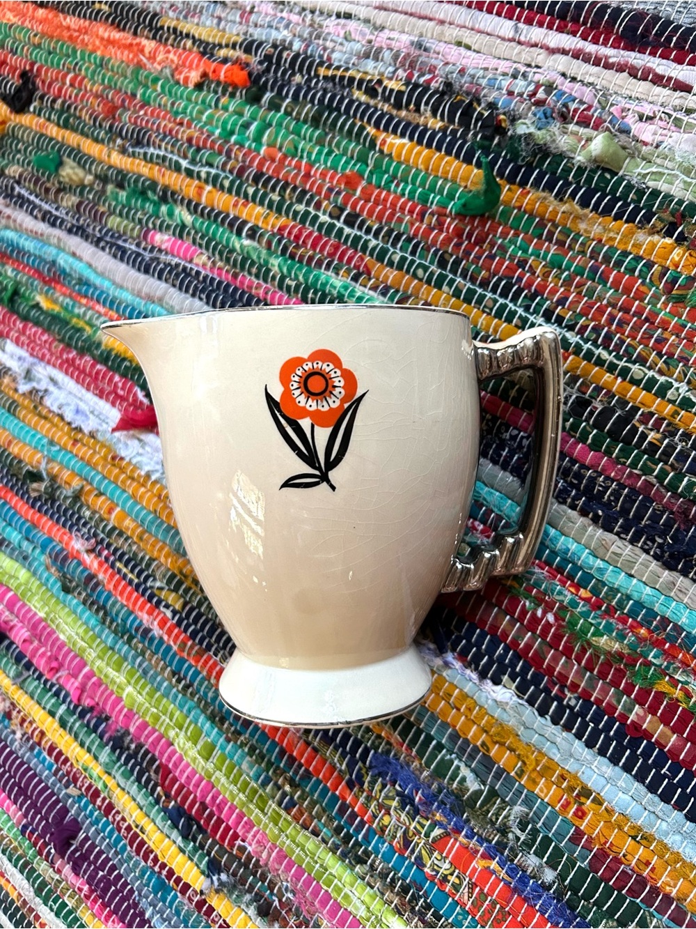 Vintage 1930s Leigh Ware Mayfair Floral Ceramic Pitcher with Orange Flower